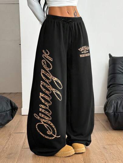 SHEIN Tween Girls' Loose Casual Minimalist Comfortable Mid-Waist Letter Print Wide Leg Sweatpants Fall Winter