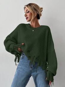 EURMUSE Women's Casual Solid Color Distressed Drop Shoulder Oversized Sweater, Autumn/Winter - Army Green - View 4