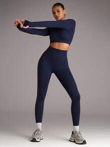 SHEIN BAE 女士纯色露背无缝运动套装健身套装女士健身套装女士紧身裤套装 - 藏蓝色 - 查看 5