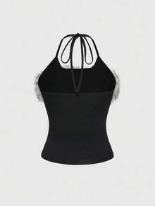 ROMWE Spring Carnival Party Graphic Black Retro Y2K Kpop Sexy Halter Patchwork Faux Fur Cross Letter Print Bodycon Camisole - Black - View 2