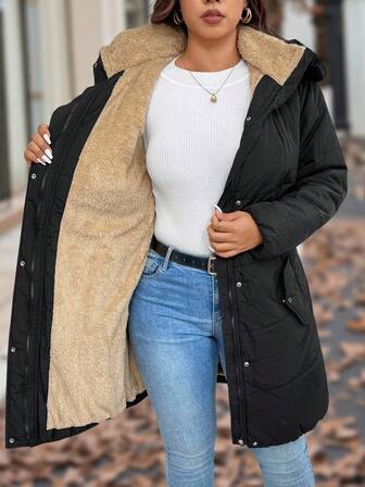 SHEIN Women Plus Size Mid-Length Hooded Coat With Fur Collar, Autumn/Winter