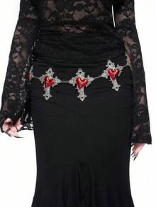 ROMWE Grunge Punk 1pc Gothic Style Heart-Shaped Rose Decor Waist Chain, Red Oil Drip Accessory For Dresses, Versatile Daily Wear, Halloween - Silver cross love - View 1
