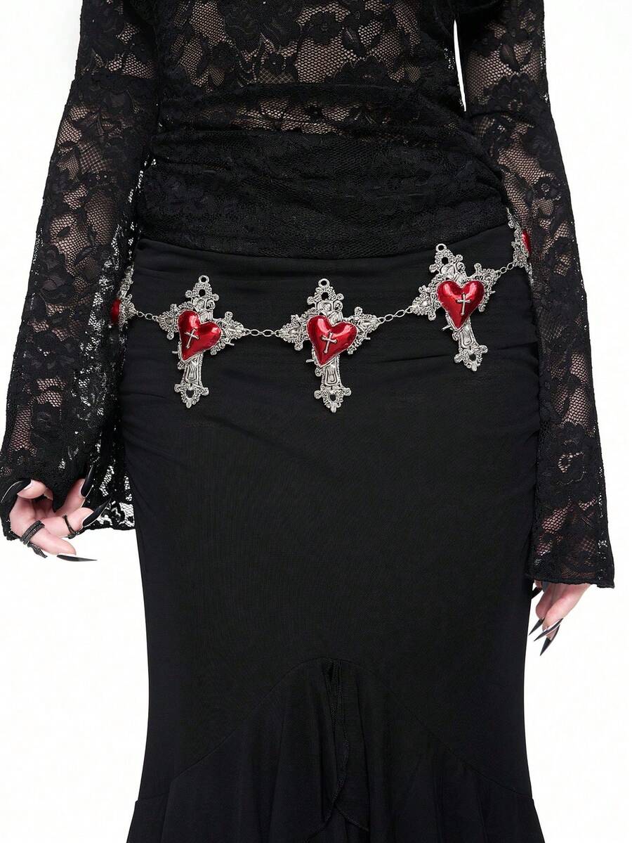ROMWE Grunge Punk 1pc Gothic Style Heart-Shaped Rose Decor Waist Chain, Red Oil Drip Accessory For Dresses, Versatile Daily Wear, Halloween - Silver cross love - View 1