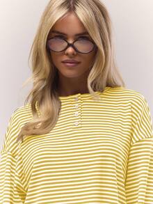 MUSERA Long Sleeve Striped Button Down Oversized T-Shirt Fall Autumn Old Money Cute Country Cottage Core Casual Lounge Top For Women Butterscotch Elegant Holidays Spring Summer - Yellow - View 2