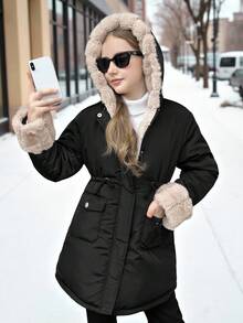 SHEIN 青少年女孩休闲棉衣，带保暖衬里，撞色蓬松装饰兜帽，腰部抽绳，口袋，中长款，黑色，适合秋冬季 - 黑色 - 查看 4