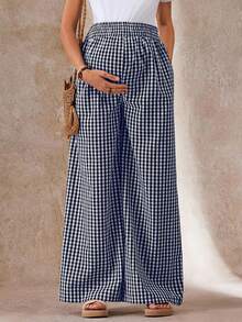 Boho Mama 孕妇格子印花口袋松紧腰休闲阔腿裤 - 藏蓝色 - 查看 6