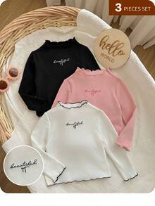 SHEIN Top à manches longues pour bébé fille, style décontracté et mignon, en tricot de couleur unie avec broderie graphique de lettre