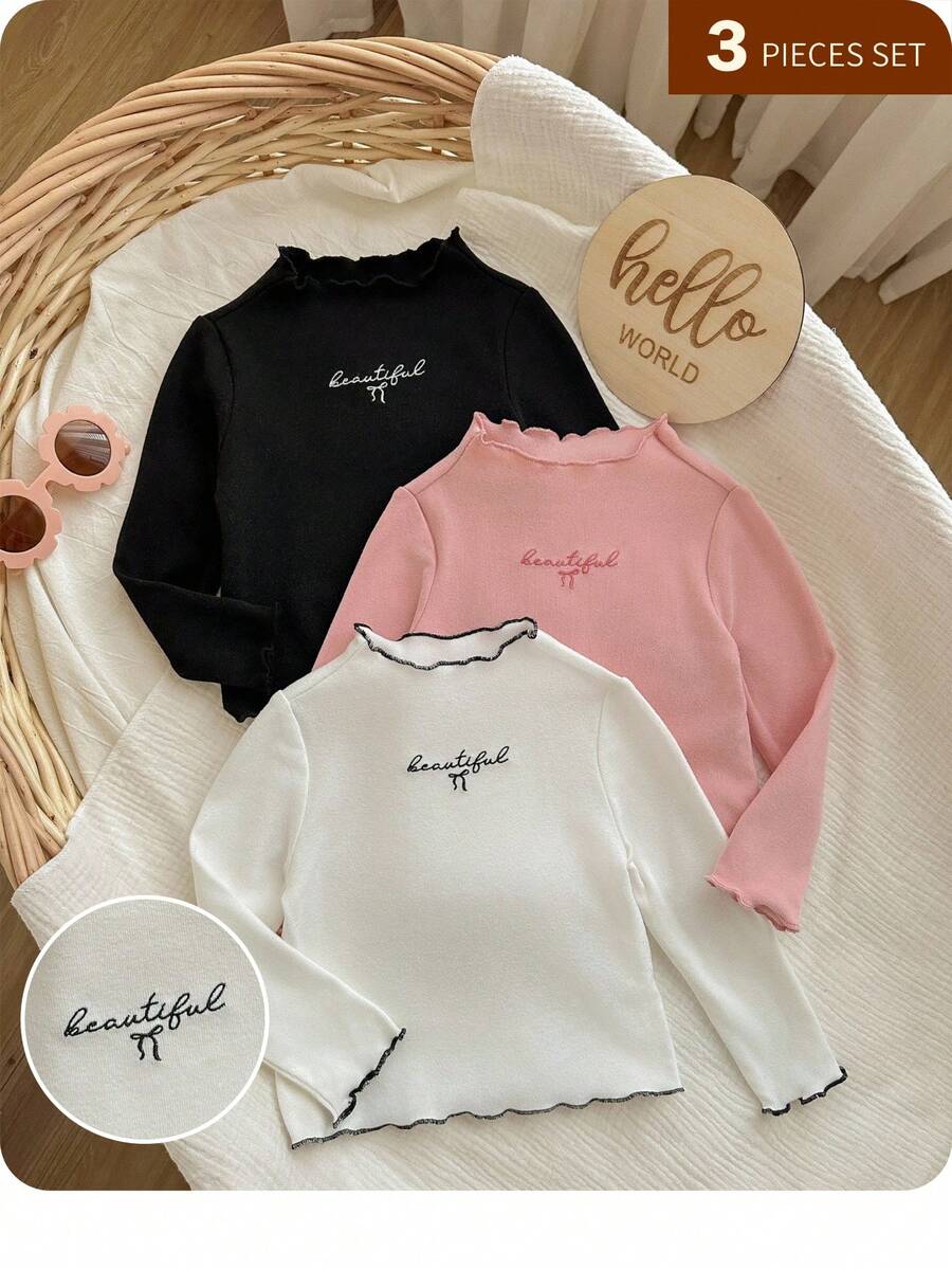 SHEIN Top à manches longues pour bébé fille, style décontracté et mignon, en tricot de couleur unie avec broderie graphique de lettre