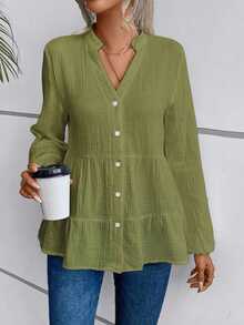 SHEIN LUNE Notched Neckline Lantern Sleeve Ruffle Hem Smock Blouse Peplum Top - Green - View 4