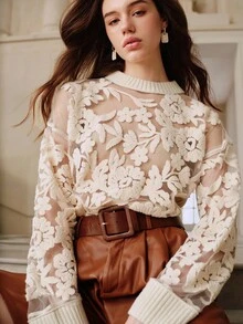 Savoree Women Autumn Sexy Flower Jacquard Sheer Mesh Panel Sweater,Long Sleeve Tops