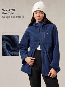 OutZeal Women Thermal Fleece Drawstring Waist Hip Length Outdoor Fleece Jacket Winter Fall Hiking Camping - Navy Blue - View 2