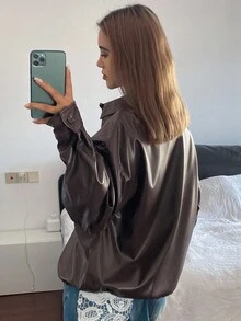 DAZY Women's Solid Color PU Jacket With Drawstring Hem And Plaid Patchwork, Casual Street Style For Autumn/Winter Women Coats - Brown - View 2