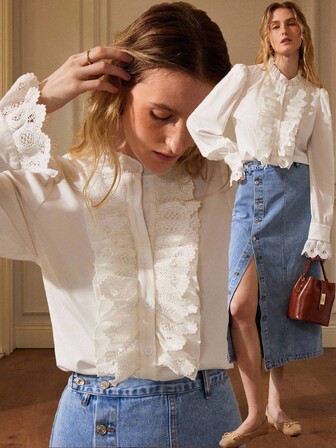 Écloséra 蕾丝花边领口和前蕾丝拼布装饰纽扣长袖衬衫，适合办公室穿着的白色衬衫