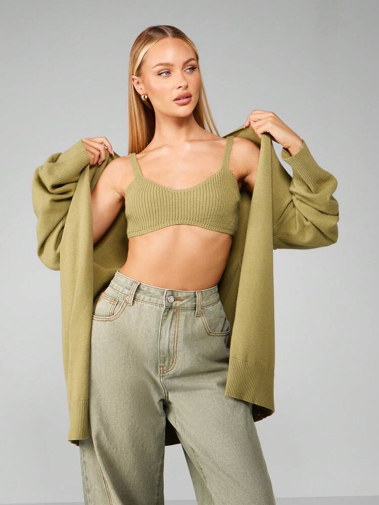 MISSGUIDED Gerippter Bralette und langärmeliger Strickjacken-Strickset für Herbst/Winter, Loungewear, kuschelig weiche Textur, Zweiteiler, oversized Pullover Kollektion, Weihnachten