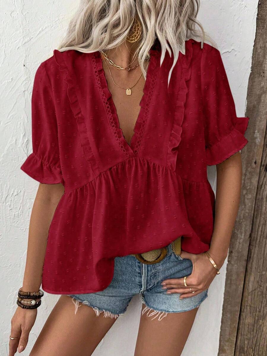 LanaWest 女式深V领泡泡袖镂空细节衬衫