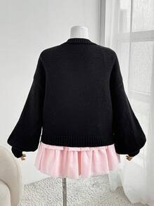 Sweetra 加大码女针织衫纯色针织开衫休闲优雅设计感手工编织郁金香花朵单排扣宽松休闲毛衣长袖外套女外套女大衣针织衫秋冬修身长袖针织衫女针织衫 - 黑色 - 查看 2