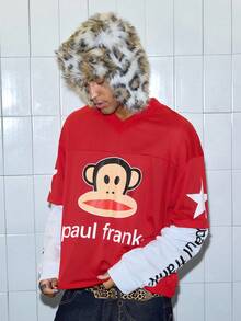 ROMWE MEN Paul Frank X ROMWE 男士休闲日常时尚街头猴子与字母图案透气舒适 T 恤，春秋季 - 紅色 - 查看 7