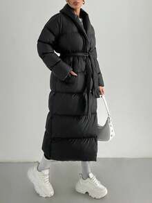 SHEIN PETITE Extra voluminöser langer schwarzer Wintermantel für Damen