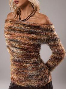 SHEIN TRNDY 1pc Women's Casual Commuter Turtleneck Off Shoulder Tight-Fitting Waist Long Sleeve Elegant Top, Brown