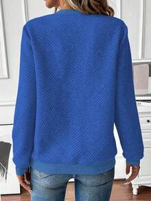 EMERY ROSE Women's Autumn Sweatshirt, Notch Neck, Long Sleeve, Raglan Sleeve, Ribbed Splice, Zipper Decor, Textured Fabric - Blue - View 2