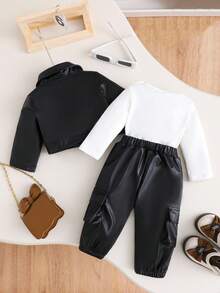 SHEIN 3pcs Baby Girl Fashionable Casual Solid Color Jacket And Pants Set, Spring/Autumn - Black - View 2