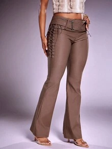 Denimoi 系带修身喇叭裤侧系带中腰裤 - 棕色 - 查看 6