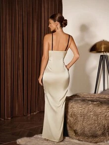 Slumberist Women's Lace Patchwork Spaghetti Strap Dress Satin Dress Long Night Dress Long Lingerie Dress Lace Night Gown - Champagne - View 2