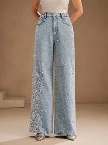 Anewsta 女士优雅花卉刺绣水钻装饰裤，都市时尚 - 淺藍色 - 查看 7