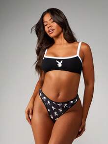 Missguided x Playboy Áo ngực cổ vuông in logo thỏ cho tiệc đêm - Đen và trắng - Xem 3