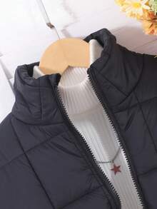 Tween Girl 一件式字母贴片拉链羽绒大衣 - 黑色 - 查看 4