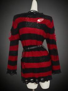 SHEIN ICON 女式万圣节哥特式黑红嬉皮长袖休闲时尚街头哥特风格撞色条纹图案，不包括腰带红黑条纹毛衣垃圾毛衣秋冬破旧毛衣 - 彩色 - 查看 2