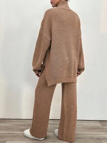 EURMUSE 2 件套女式纯色拉链长袖上衣和直筒休闲运动裤套装 - 駝色 - 查看 5