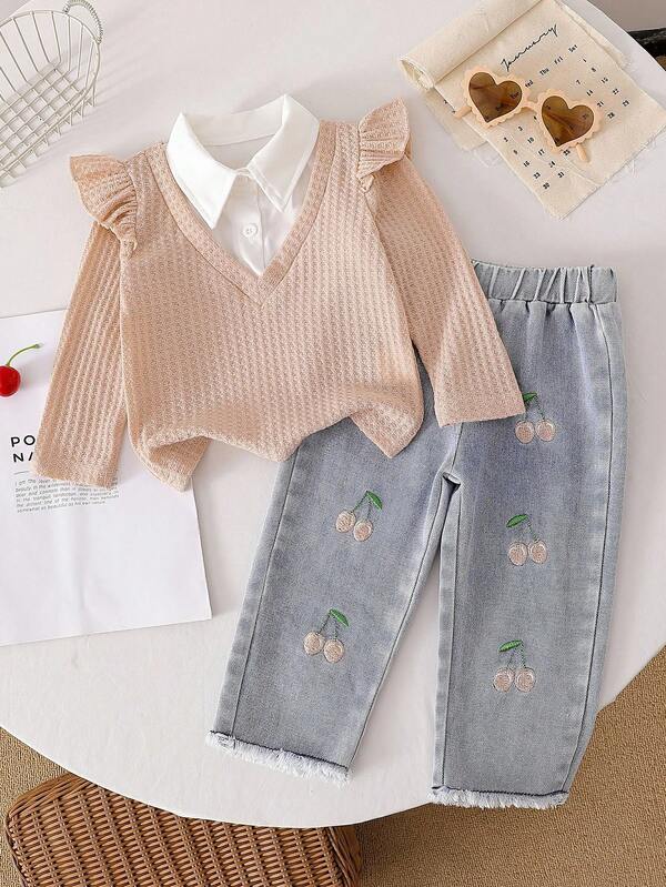 SHEIN Vintaside Kids 2 pièces/set Top décontracté mignon pour bébé fille avec motif de chemise à gaufre, broderie de cerises et de fruits, et pantalon en jean. Automne/Hiver