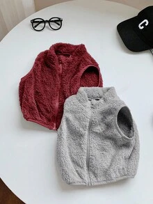 2 件套男婴/女婴可爱纯色蓬松背心夹克套装，秋冬 - 灰色 - 查看 8