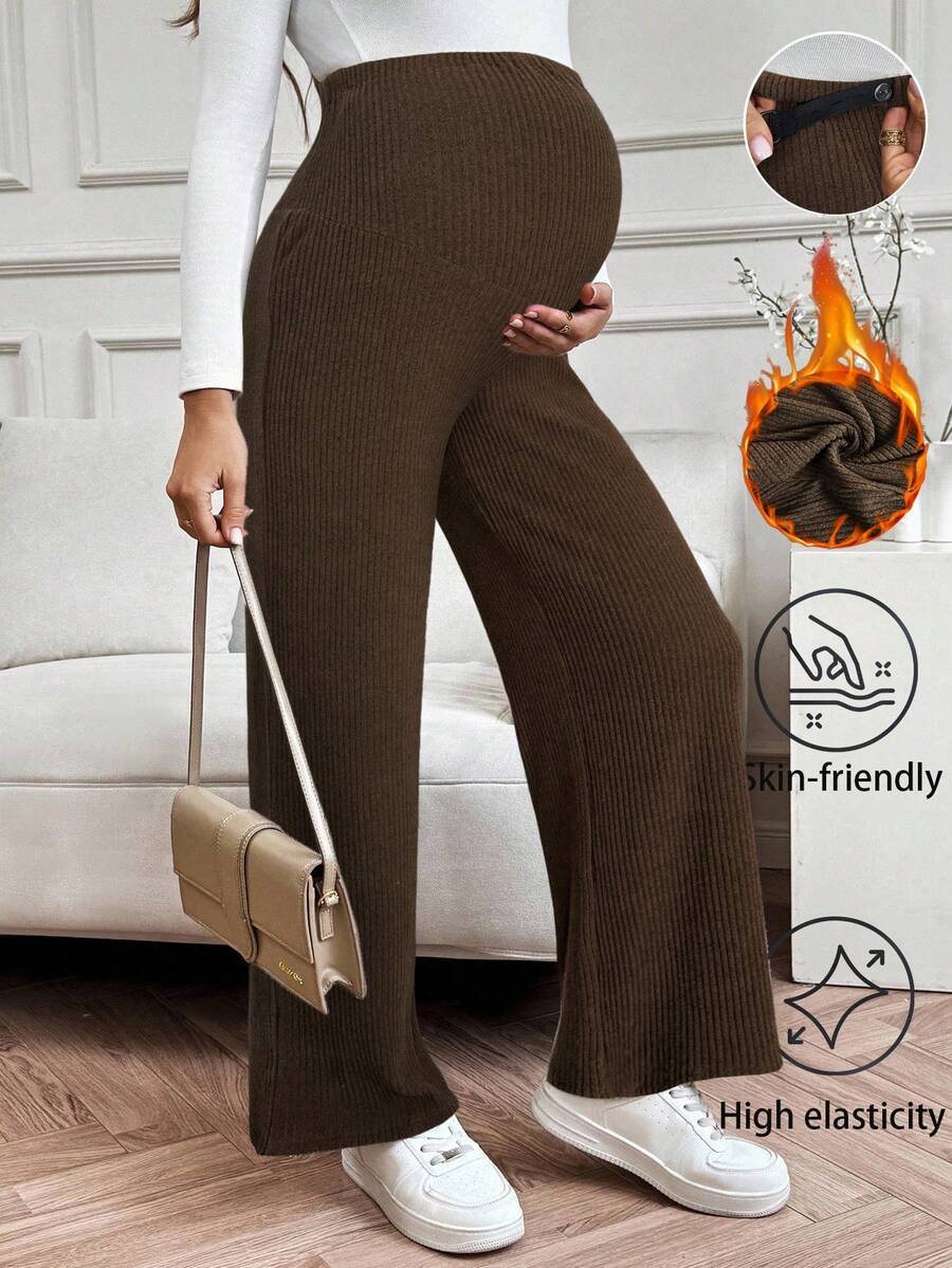 SHEIN 直筒、阔腿、休闲、优雅、孕妇、舒适孕妇裤 - 棕色 - 查看 1