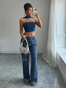 Siren Gaze 女士藍色彈性牛仔頂部，街頭時尚性感露背領 - 深色水洗藍 - 查看 5