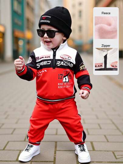 2pcs/Set Baby Boy Autumn/Winter Motorcycle Colorblock Letter & Race Car Print Hoodie With Half Zip Stand Collar Long Sleeve Ribbed Cuffs & Hem, Paired With Elastic Waist Pants, Suitable For School, Outdoor, Street Wear Fall Baby Motorcycle Clothes Baby Street Wear Race Car Outfit Baby Fast One Birthday Outfit Boy Toddler Boy Clothes Baby Boy Outfits Kids Clothes Boys