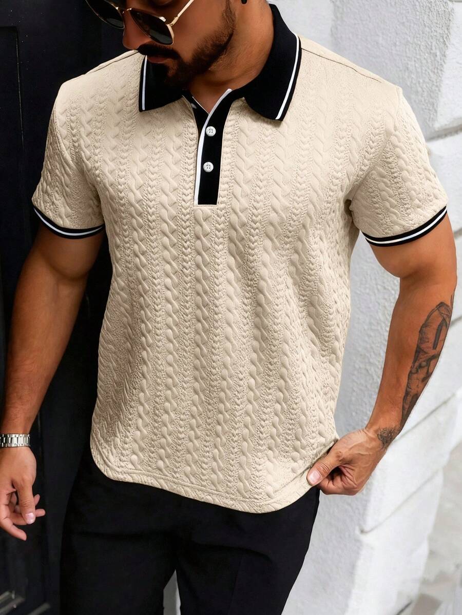 Manfinity CasualCool Men's Casual Colorblock Short Sleeve Polo Shirt, Summer Men Polo Shirt Cream Top Men College Style Pattern Polo Men Men Buttoned Knitted Polo Knitted Men Shirt Christmas Daily Leisure, Weekend Trips, Outdoor Activities, Travel Expeditions, Relaxed Work Environments Or Semi-Formal Occasions,Boyfriend/Husband Gift, Anniversary Gift