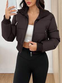 SHEIN EZwear Áo khoác đệm lót phía trước có khóa kéo màu trơn dành cho nữ vào mùa thu/đông - Cà phê nâu - Xem 1