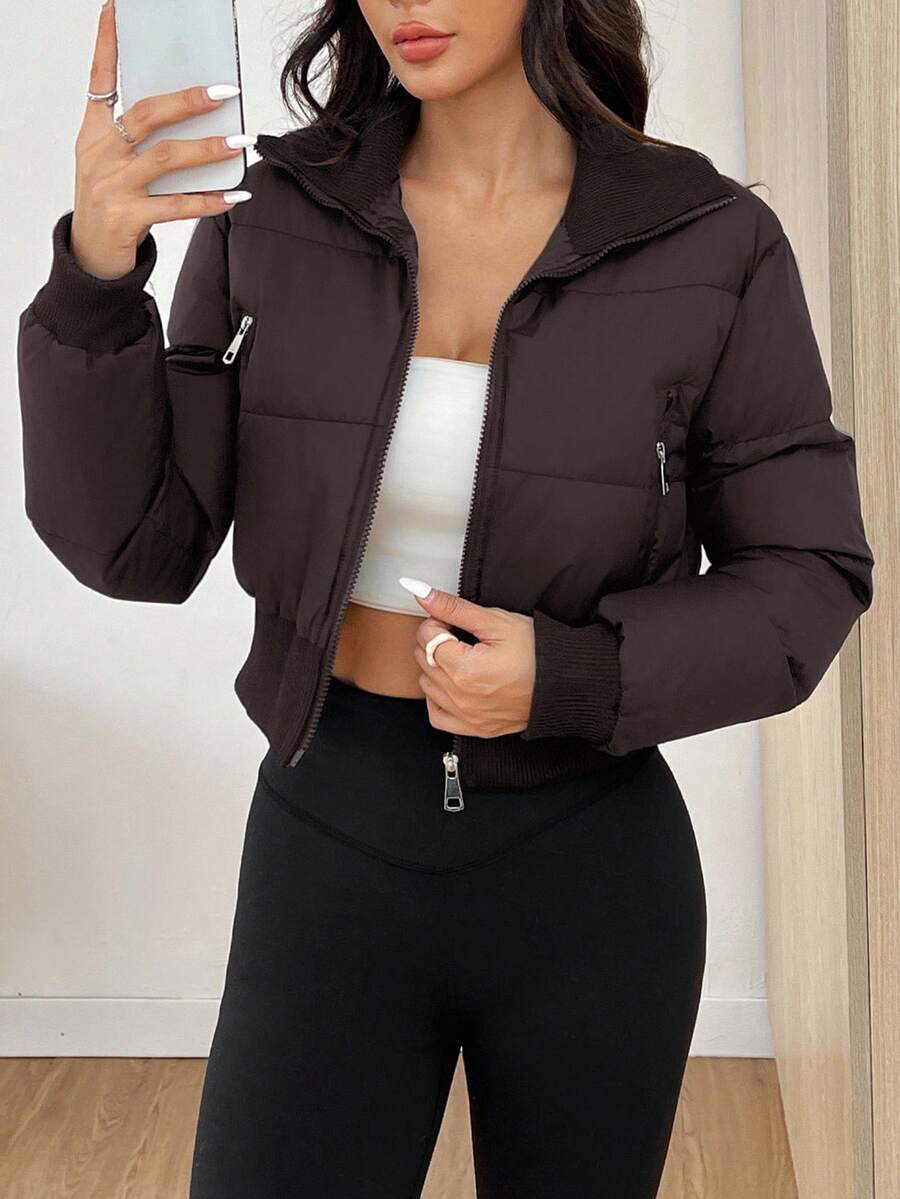 SHEIN EZwear Áo khoác đệm lót phía trước có khóa kéo màu trơn dành cho nữ vào mùa thu/đông - Cà phê nâu - Xem 1