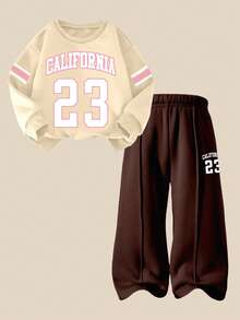 SHEIN Explorewe 2 件套女童休闲抓绒加州 23 图案长袖运动衫和裤子套装，秋冬 - 彩色 - 查看 4