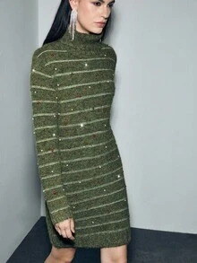 SHEIN LUNE 女式绿色高领条纹彩色串珠宽松直筒圣诞节日连衣裙，羊毛混纺 - 綠色 - 查看 7