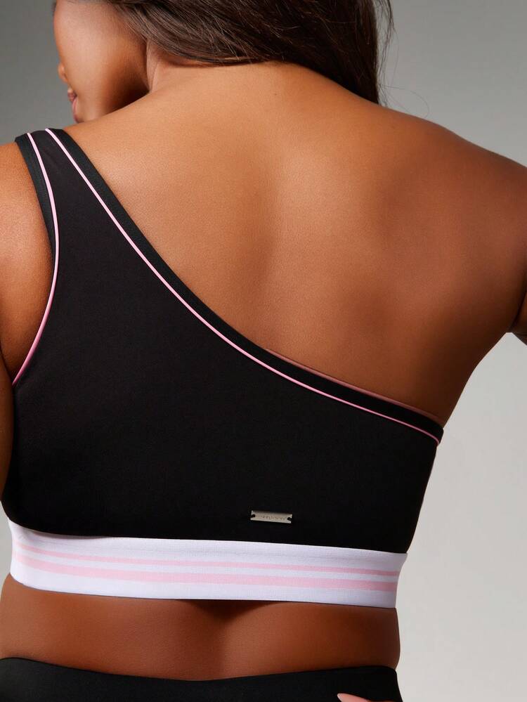 Missguided x Playboy One Shoulder Sports Bra High Impact Support Compression Athletic Workout Top With Ribbed Band Moisture Wicking Fitness Running Yoga Pilates Medium Support Gym Exercise