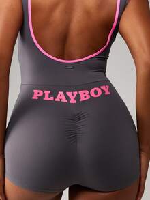 Missguided x Playboy 复古风格拉链前开式紧身衣短款连体衣运动性能锻炼健身交叉训练背部褶皱细节 - 黑色 - 查看 5