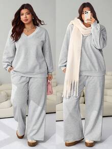 Solflare Conjunto de 2 piezas de sudadera y pantalón de chándal de unicolor casual, para otoño/invierno, talla grande - Gris - Ver 3