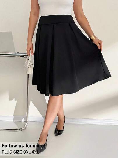 Auralis Plus Size Solid Color Pocket Pleated Minimalist A-Line Skirt, Casual Everyday Wear