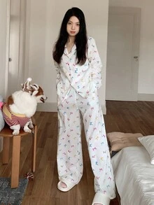 DAZY Bow All-Over Print Women Pajama Set Fall Winter Clothes - Apricot - View 8