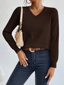 SHEIN Essnce 秋冬纯色V领上衣毛衣 - 咖啡棕 - 查看 6