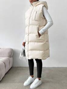 RueChic Zip Up Hooded Puffer Vest Coat - White - View 3