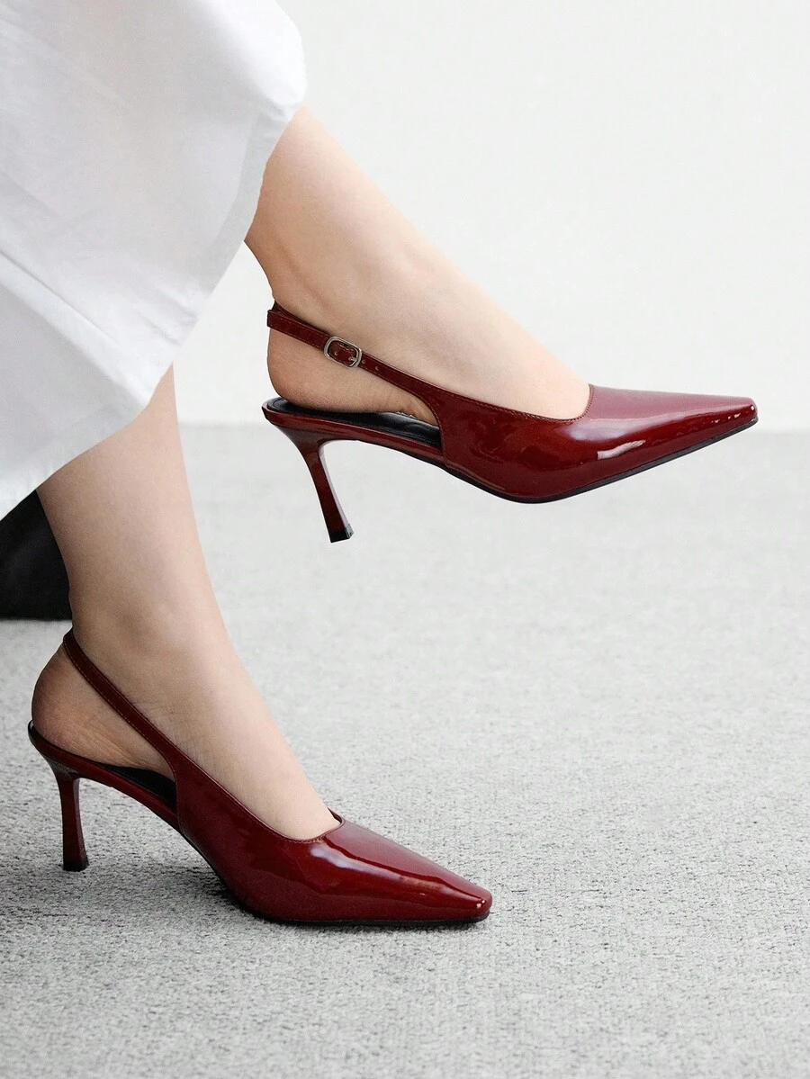 CUCCOO BIZCHIC 女士尖头细高跟酒红色后系带露跟时尚简约高跟鞋，适合日常穿着和通勤